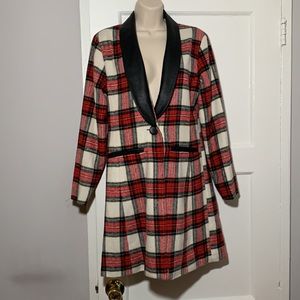Current Mood Plaid Long Jacket Duster Red White Black Faux Leather Dollskill